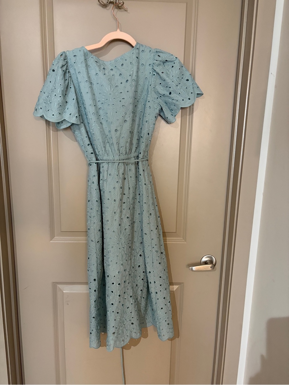 LOFT Light Blue Eyelet Midi Dress with Scalloped Sleeves